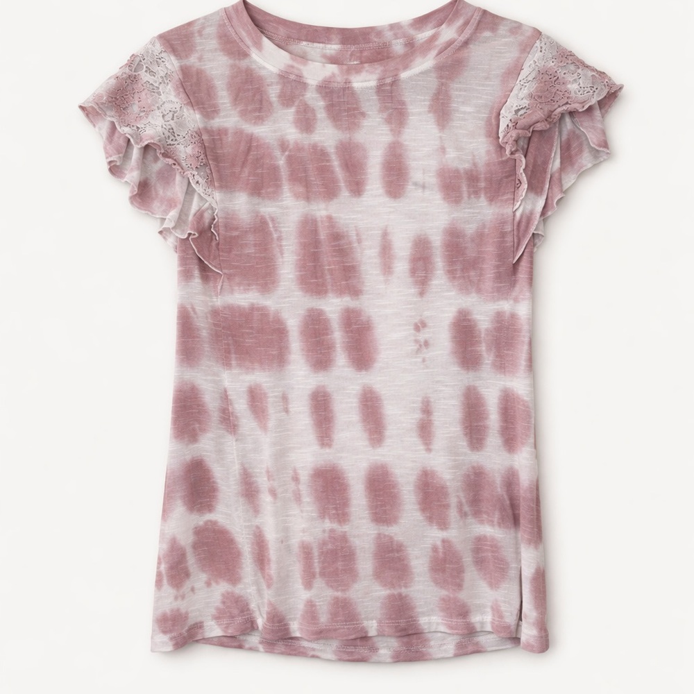 Knox Rose Boho Tie Dye Flutter Sleeve Top Pink & White Lace Accent Size XS